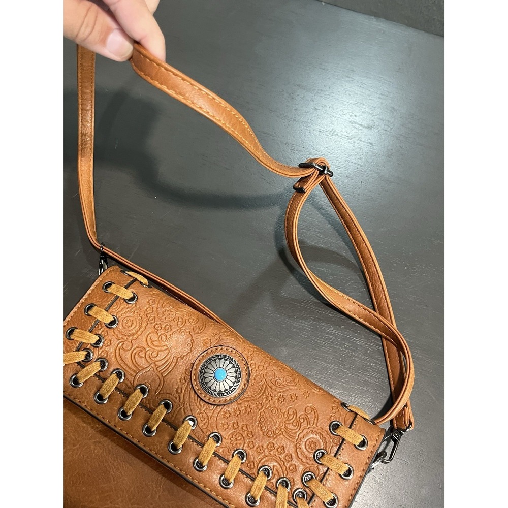 Sam & Hadley Brown Purse Tourqoise Detail Adjustable Strap Small - Picture 3 of 10